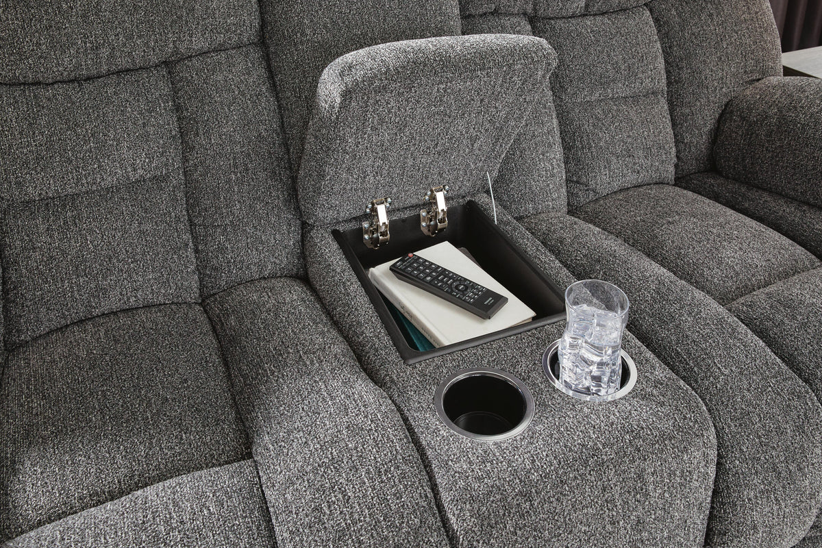 Foreside Reclining Loveseat with Console in Charcoal, detail view
