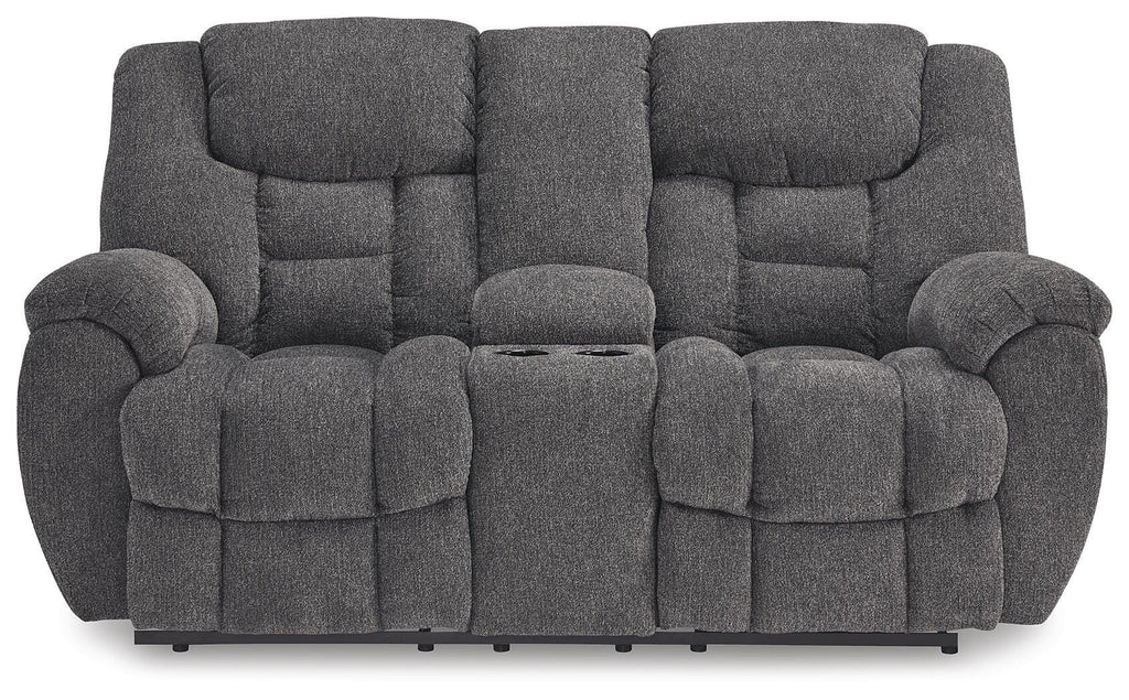 Foreside Reclining Loveseat with Console in Charcoal, front view