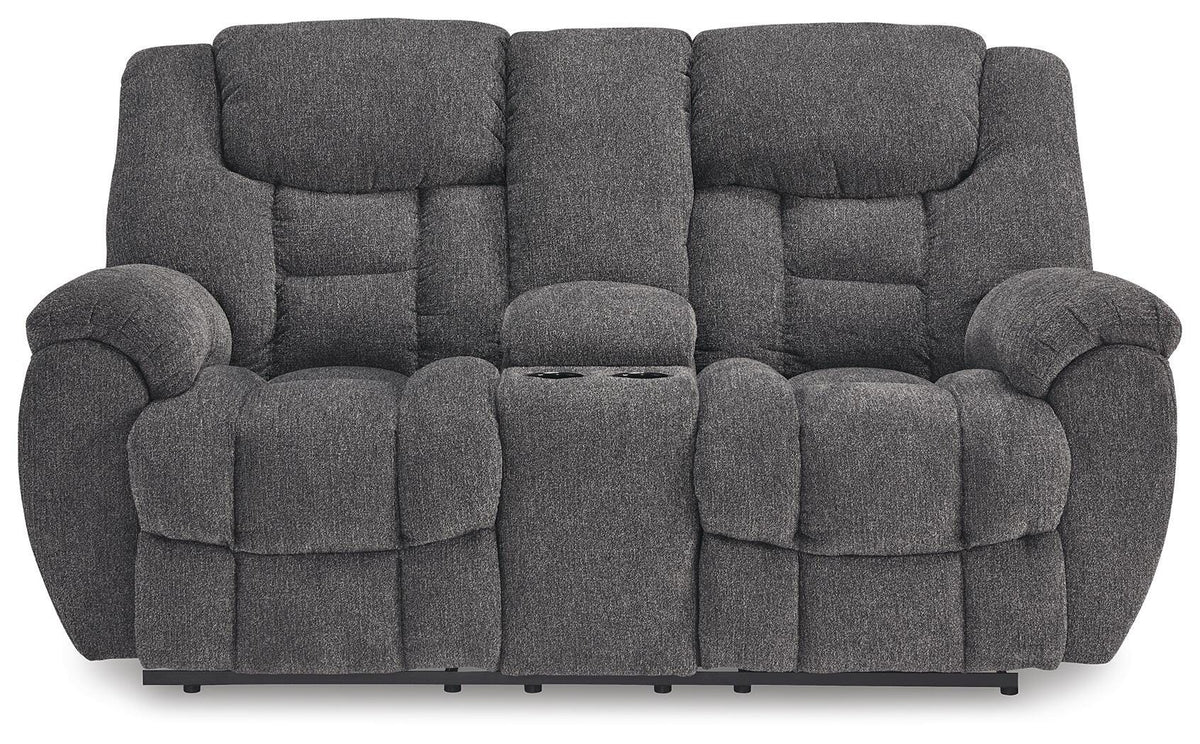 Foreside Reclining Loveseat with Console in Charcoal, front view