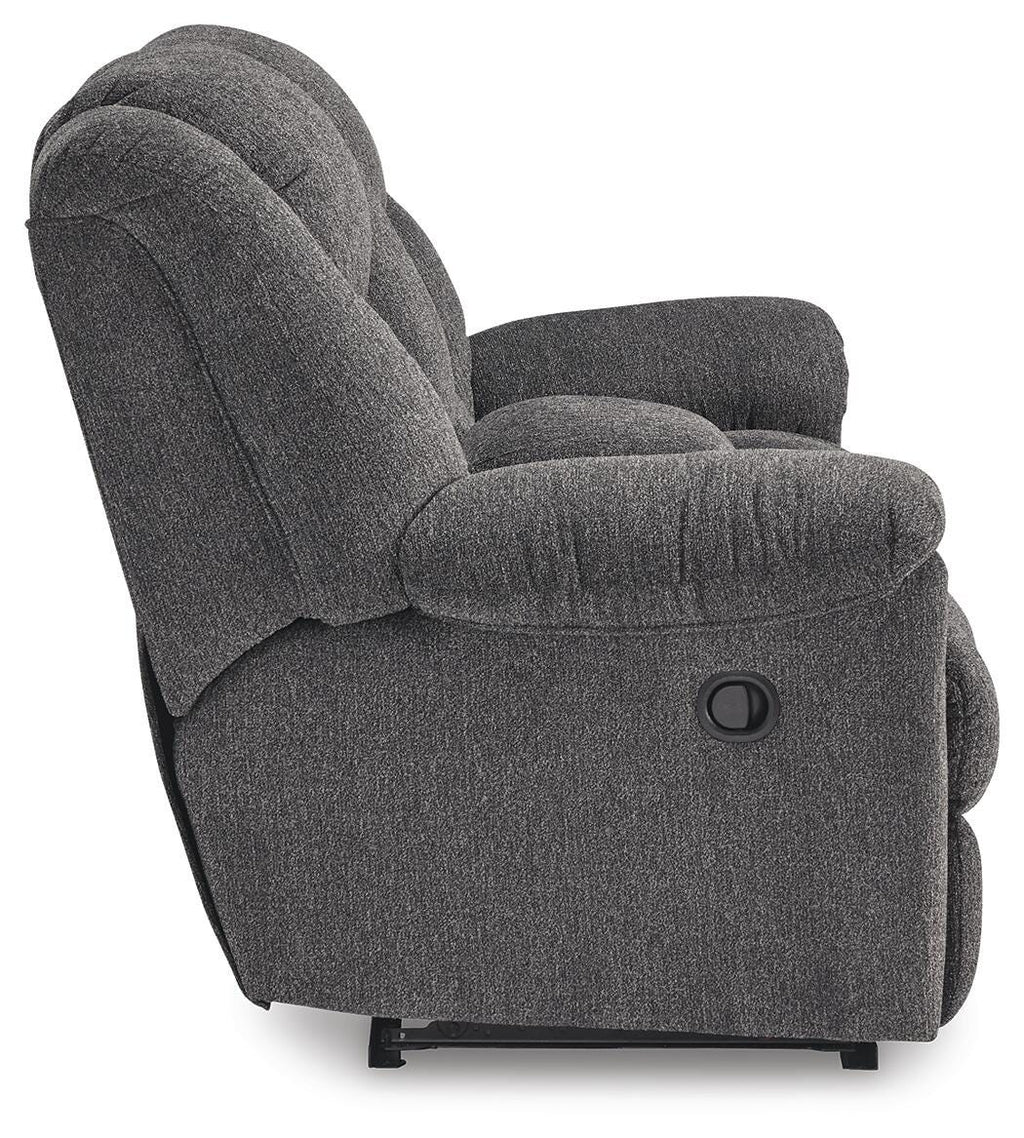 Foreside Reclining Loveseat with Console in Charcoal, side view