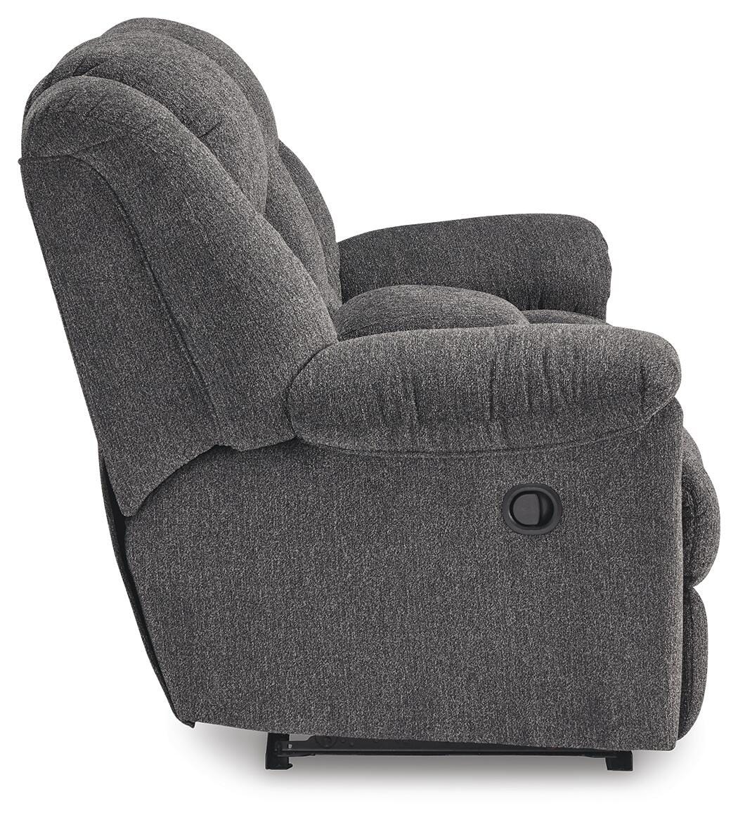 Foreside Reclining Loveseat with Console in Charcoal, side view