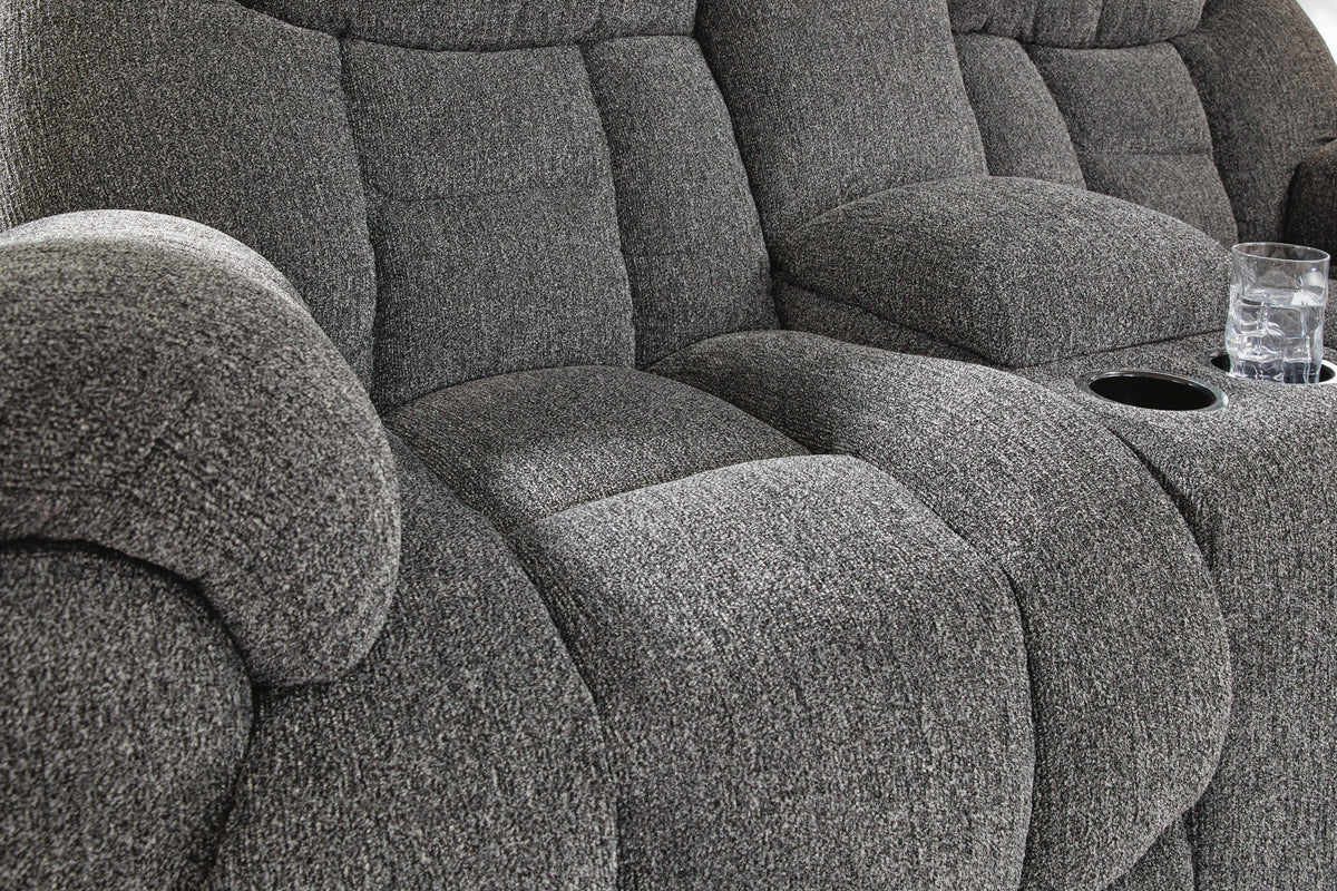 Foreside Reclining Loveseat with Console in Charcoal, detail view