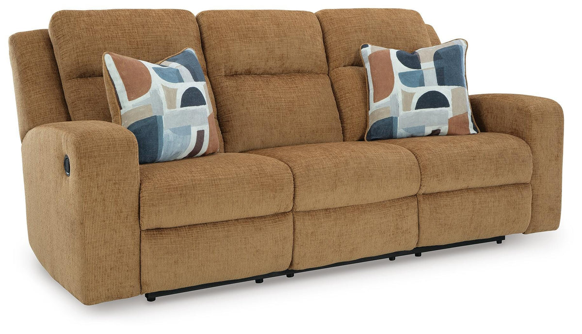 Kanlow Reclining Sofa in Honey, closed view