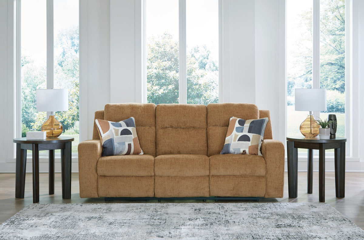 Kanlow Reclining Sofa in Honey, closed view