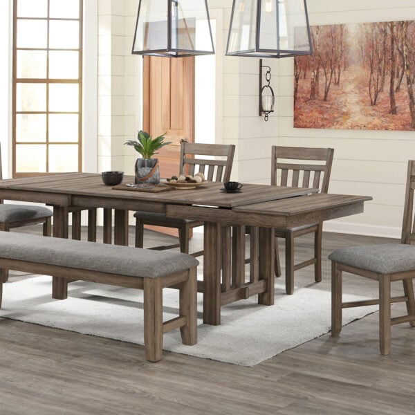 New Classic Harrisburg walnut 6-piece dining set with table, four chairs, and bench