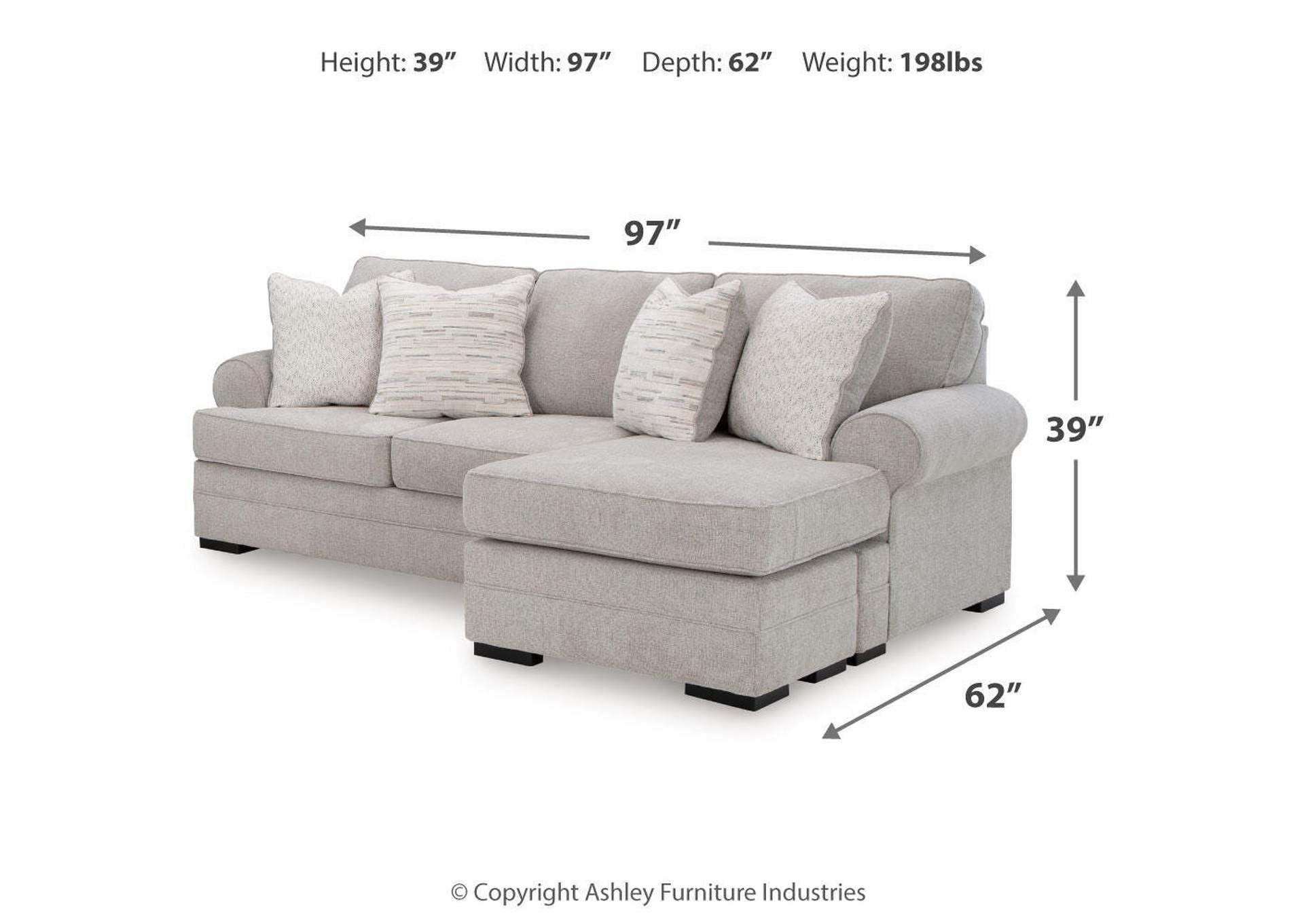 Eastonbridge Sofa Chaise, Chair, and Ottoman dimensions