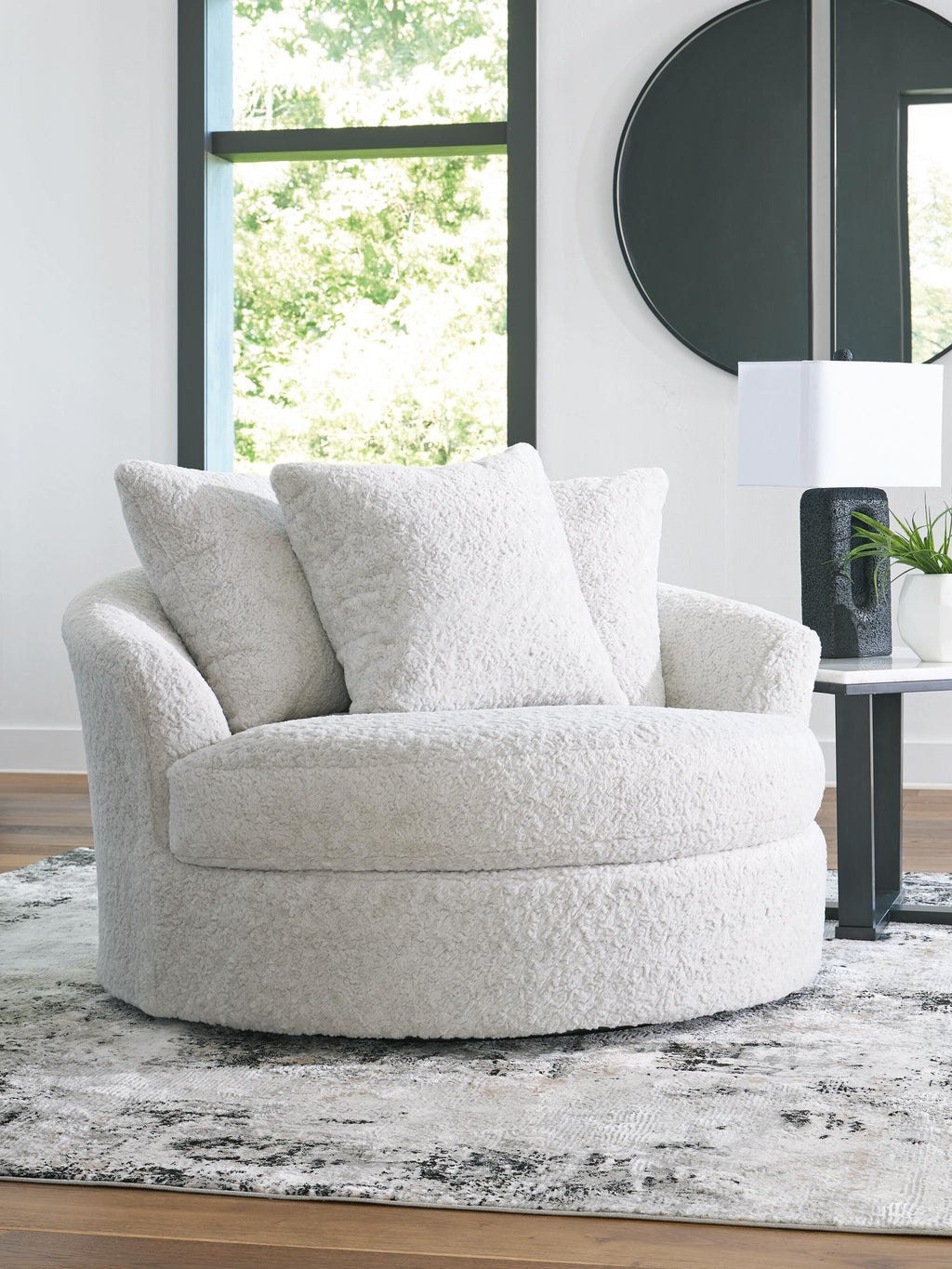 Cuddle Plush Oversized Swivel Accent Chair in Arctic, lifestyle view