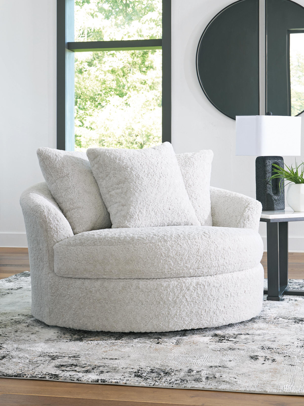 Cuddle Plush Oversized Swivel Accent Chair in Arctic, lifestyle view