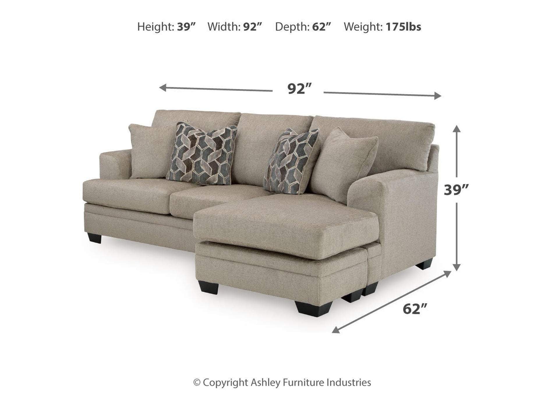 Stonemeade Sofa Chaise, Chair, and Ottoman dimensions