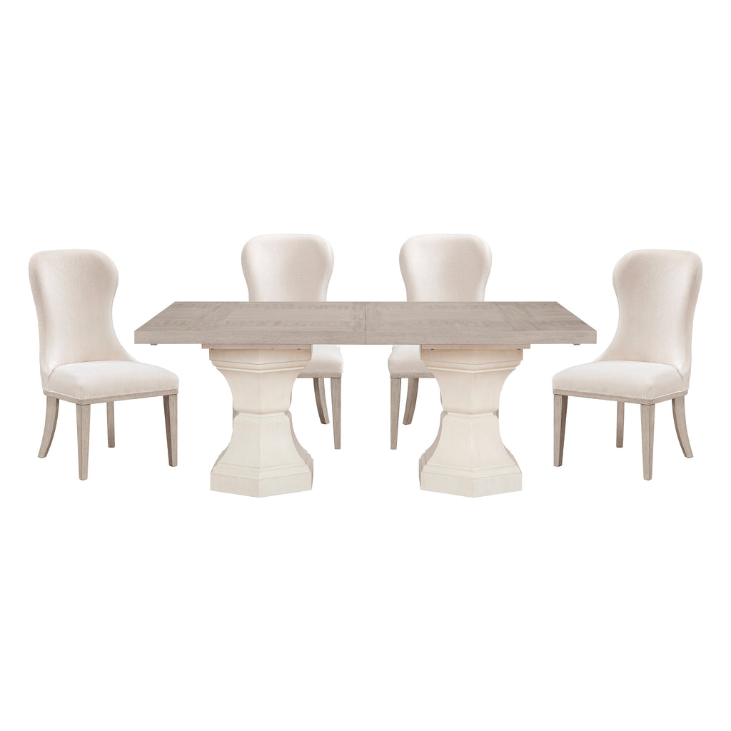 Lofton 5-Piece 108-Inch Extendable Dining Set in light gray and ivory