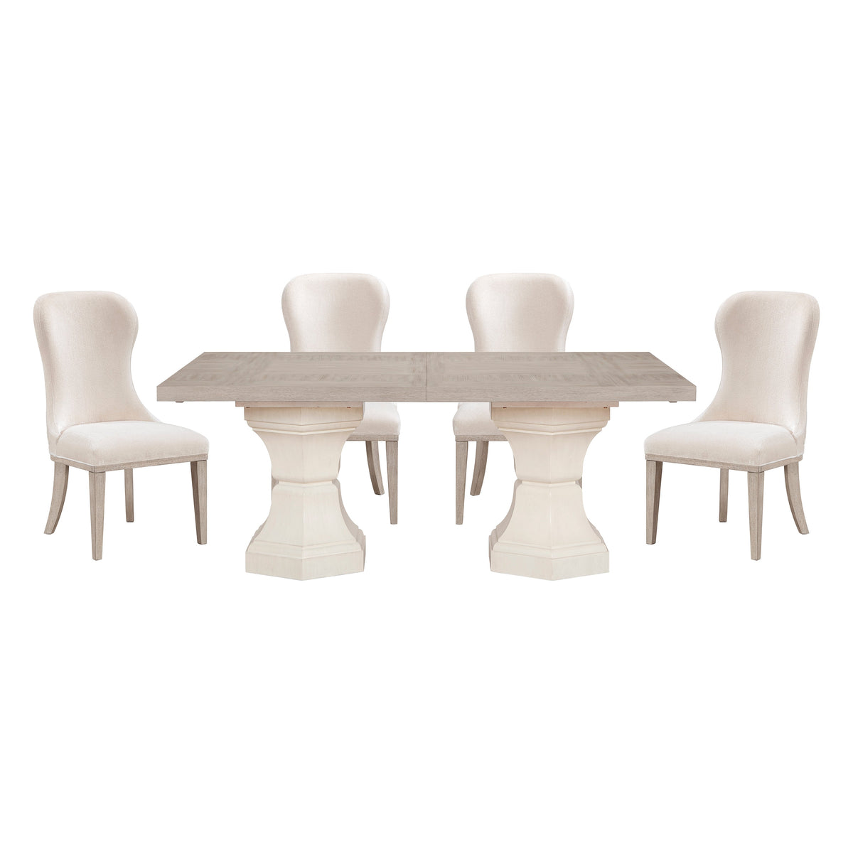Lofton 5-Piece 108-Inch Extendable Dining Set in light gray and ivory