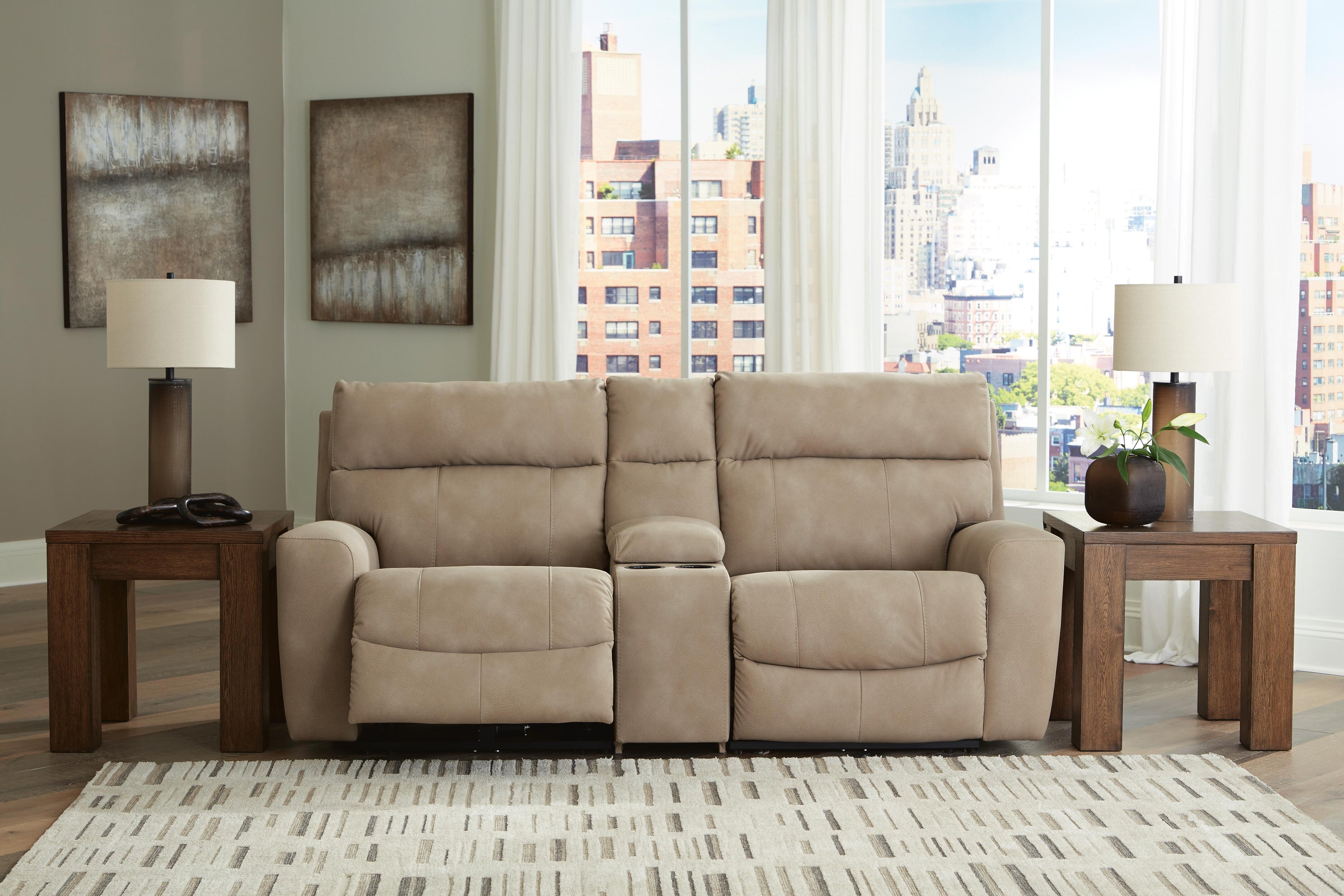 Next-Gen DuraPella 3-Piece Dual Power Reclining Modular Loveseat with Console in Sand — detail 3