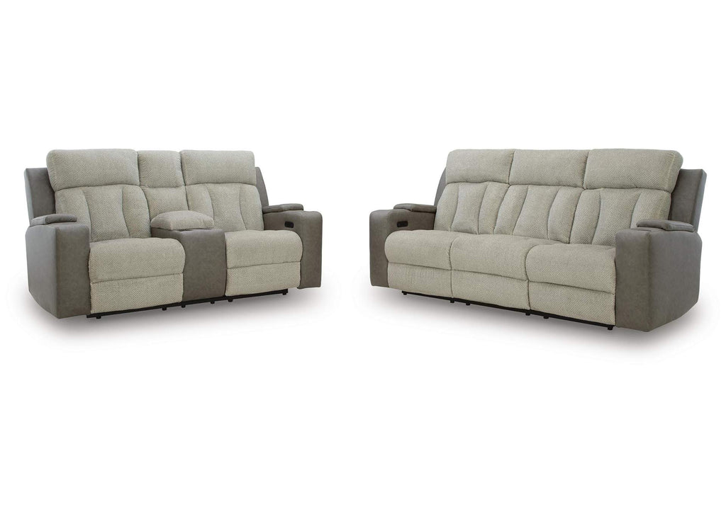 Stately Check Dual Power Reclining Sofa and Loveseat