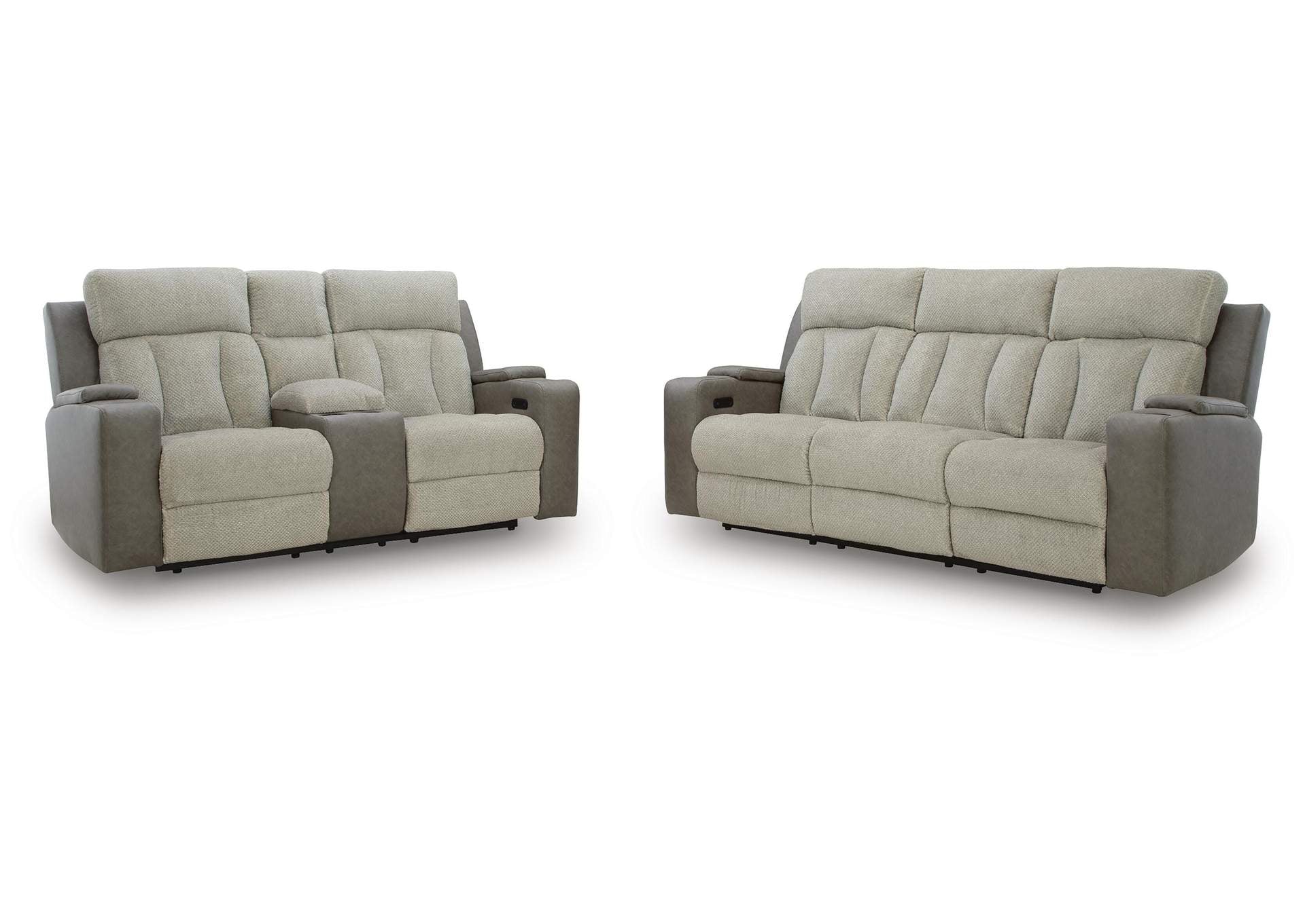 Stately Check Dual Power Reclining Sofa and Loveseat