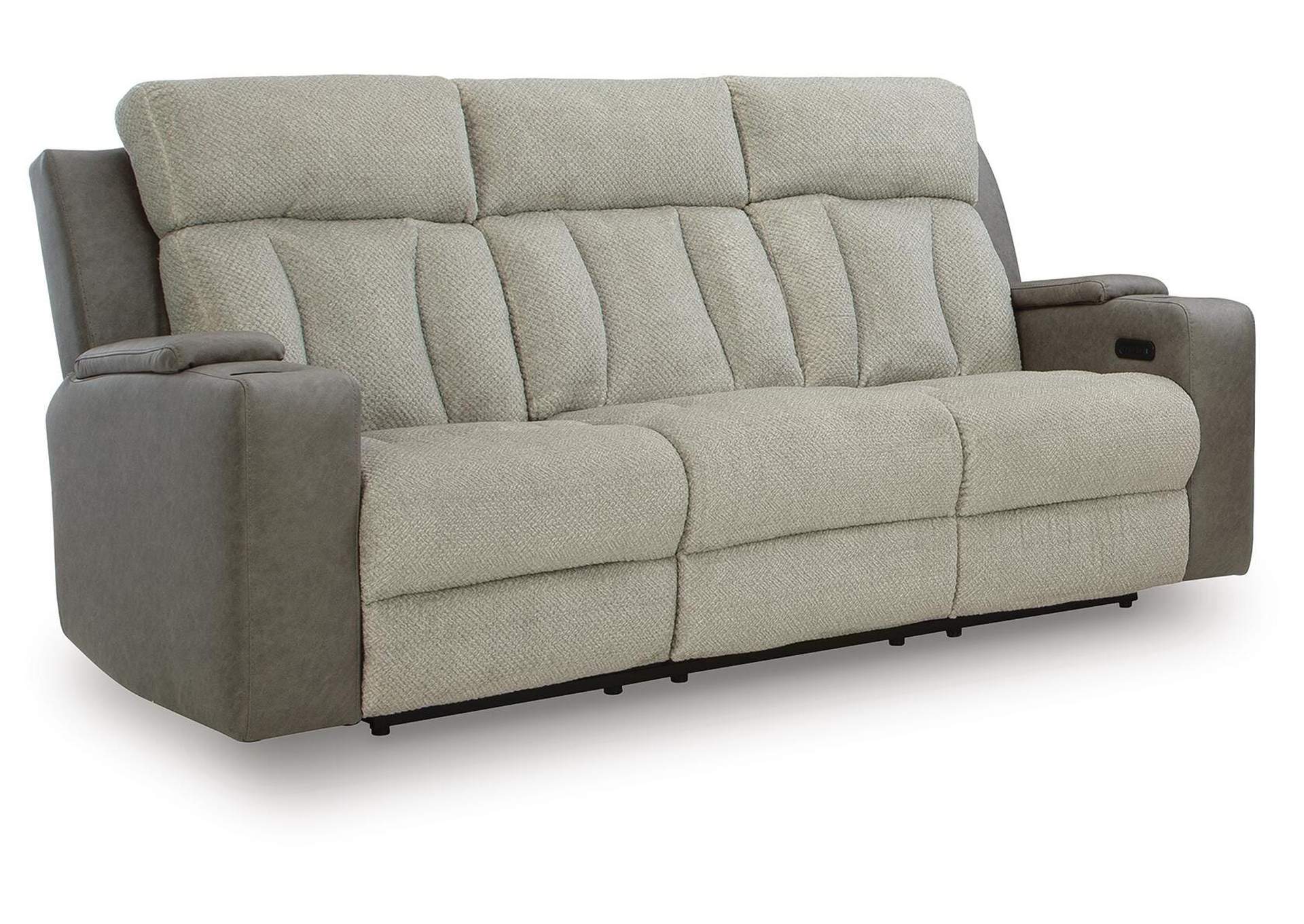 Stately Check Dual Power Reclining Sofa and Loveseat angled view
