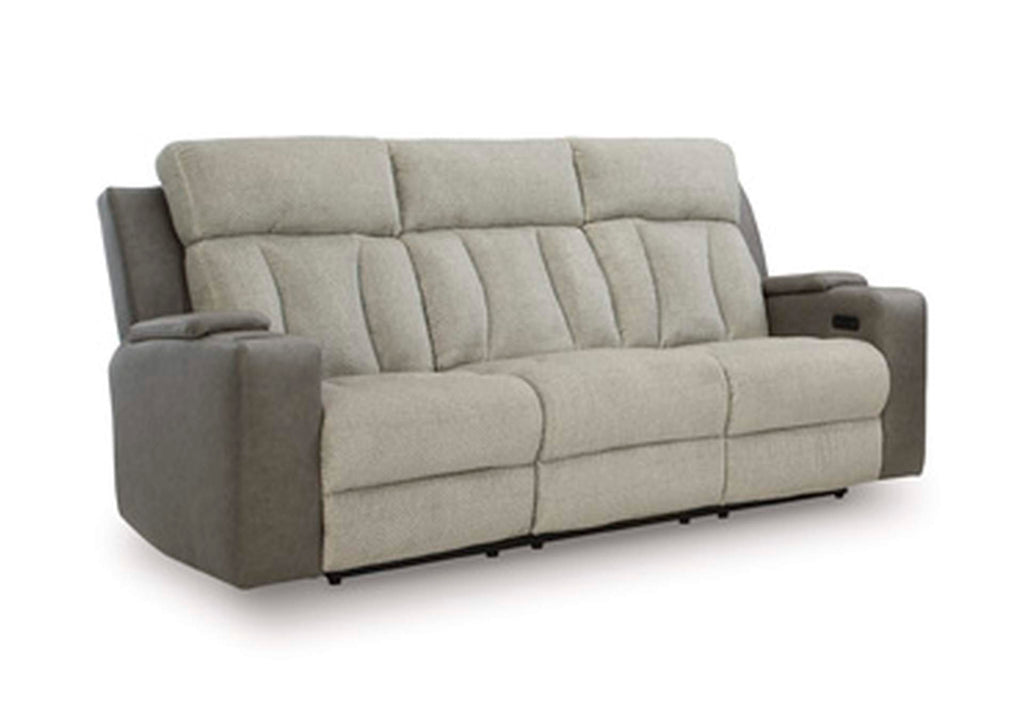 Stately Check Dual Power Reclining Sofa and Loveseat angled view