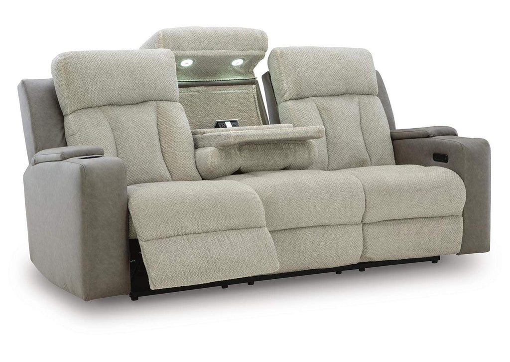 Stately Check Dual Power Reclining Sofa and Loveseat angled view