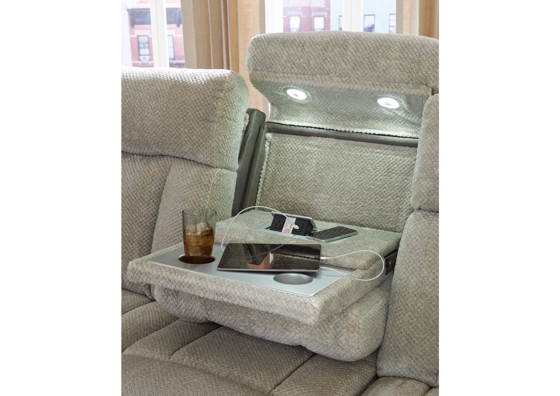 Stately Check Dual Power Reclining Sofa and Loveseat detail