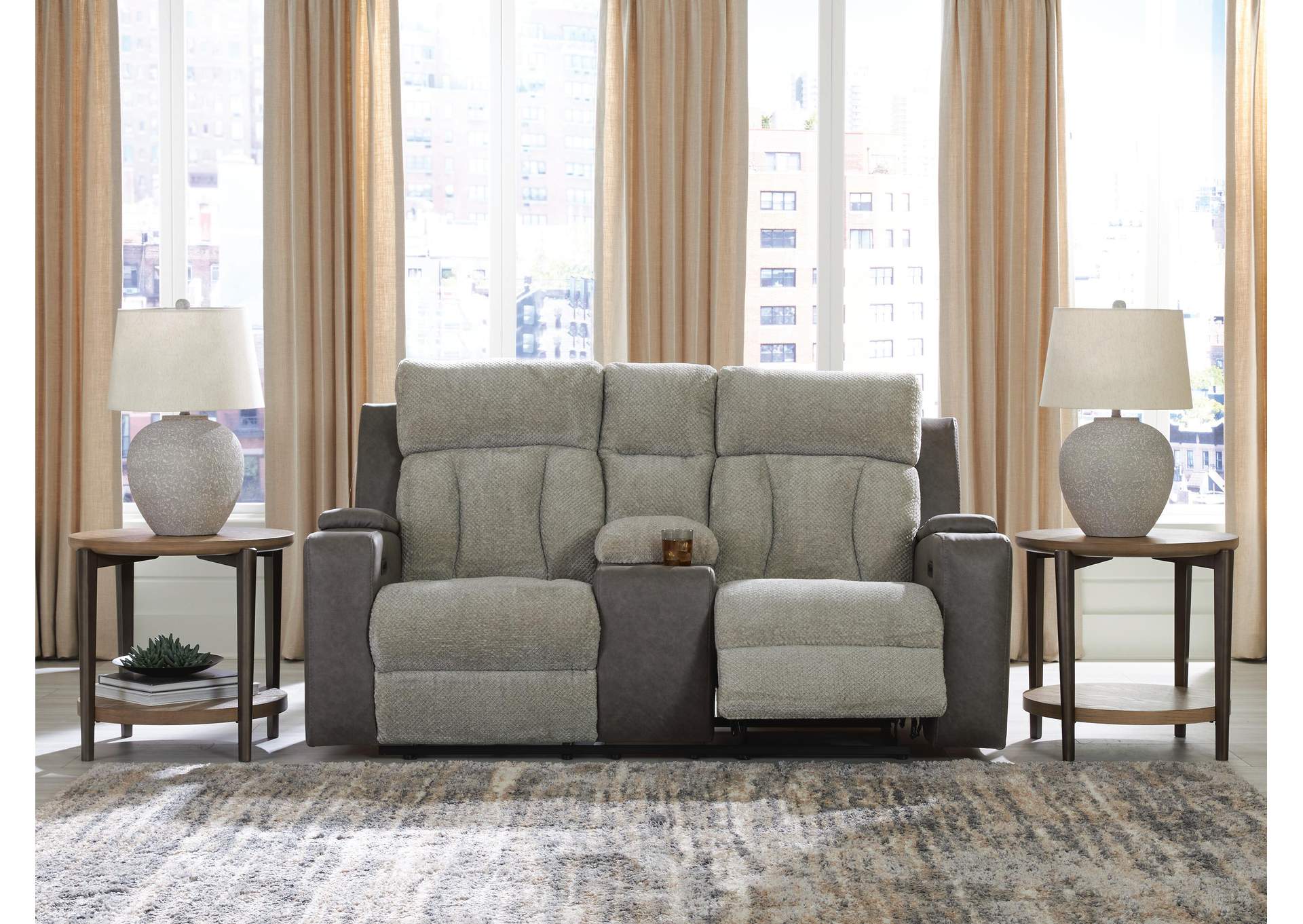 Stately Check Dual Power Reclining Sofa and Loveseat