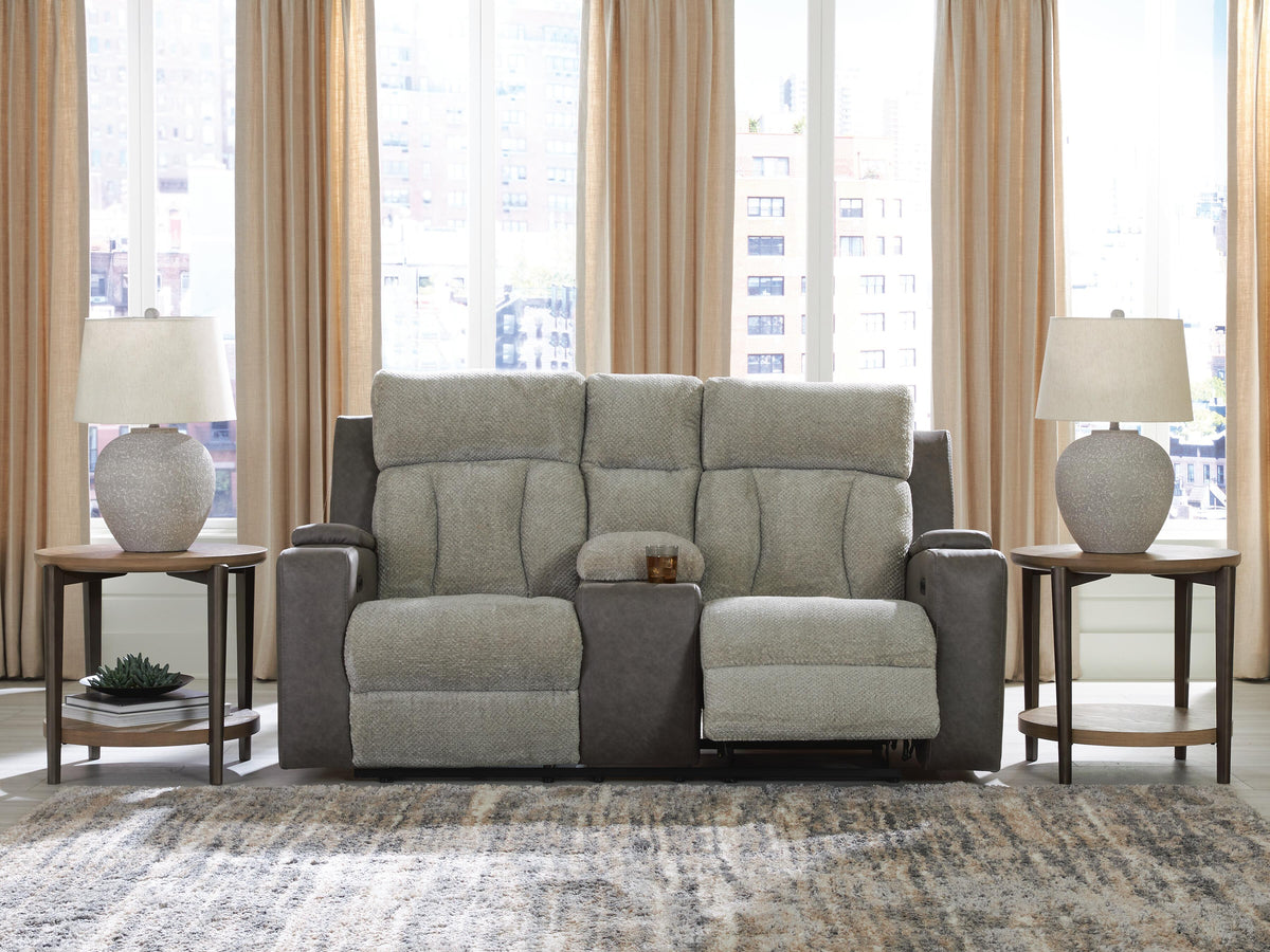 Branthorpe Power Reclining Loveseat with Console in Sisal, lifestyle view
