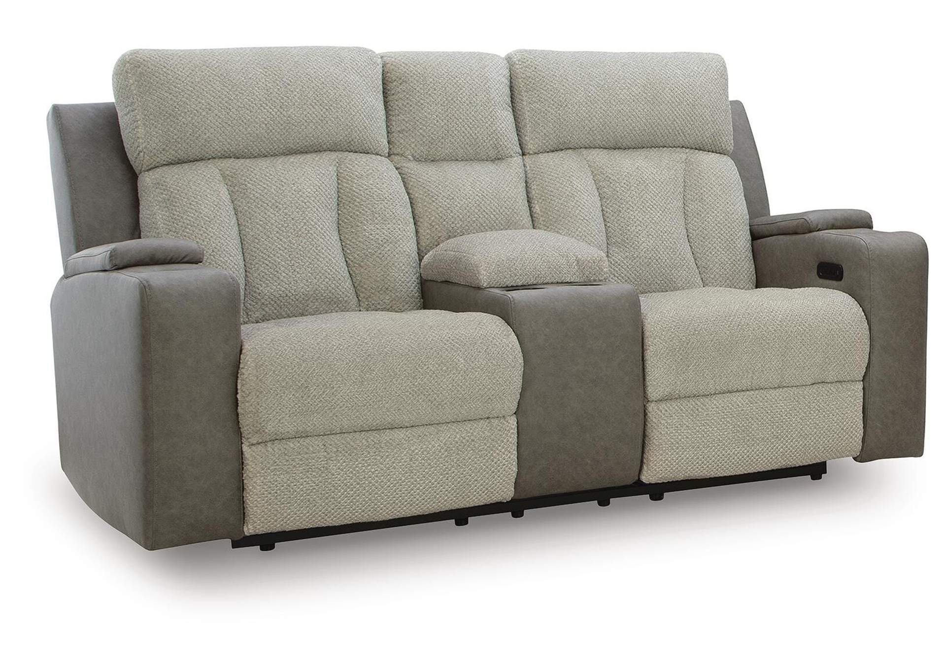 Stately Check Dual Power Reclining Sofa and Loveseat angled view