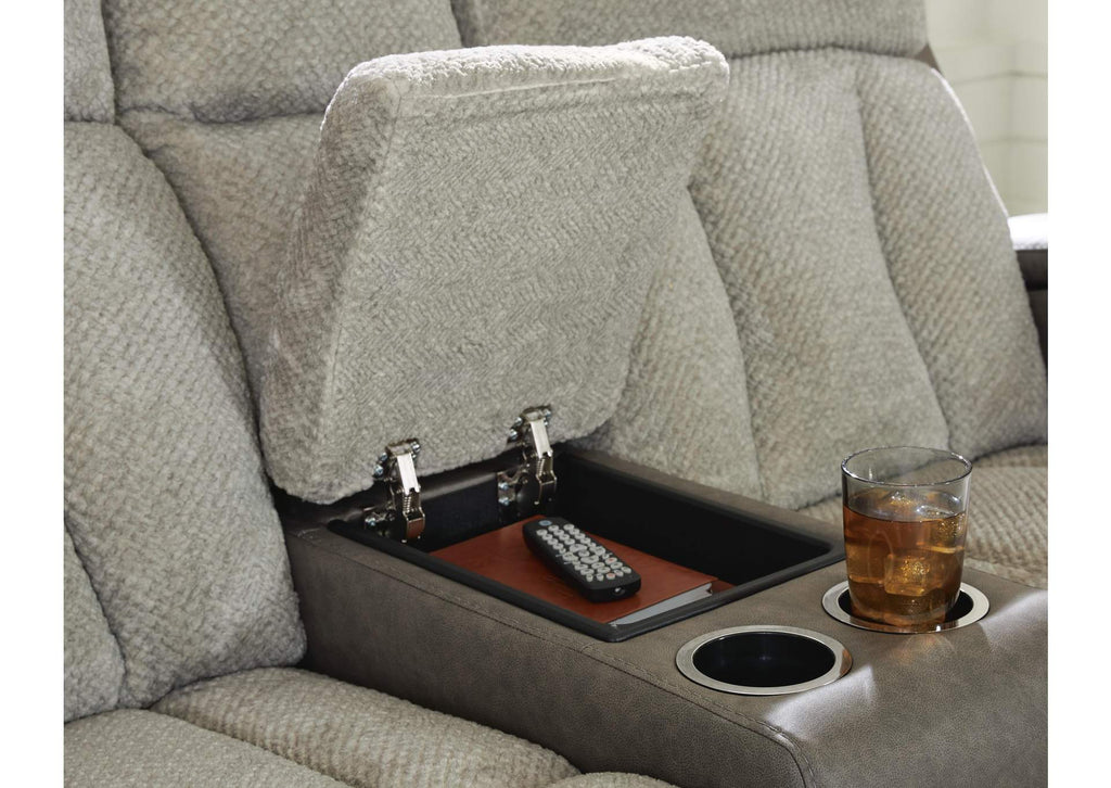 Stately Check Dual Power Reclining Sofa and Loveseat detail