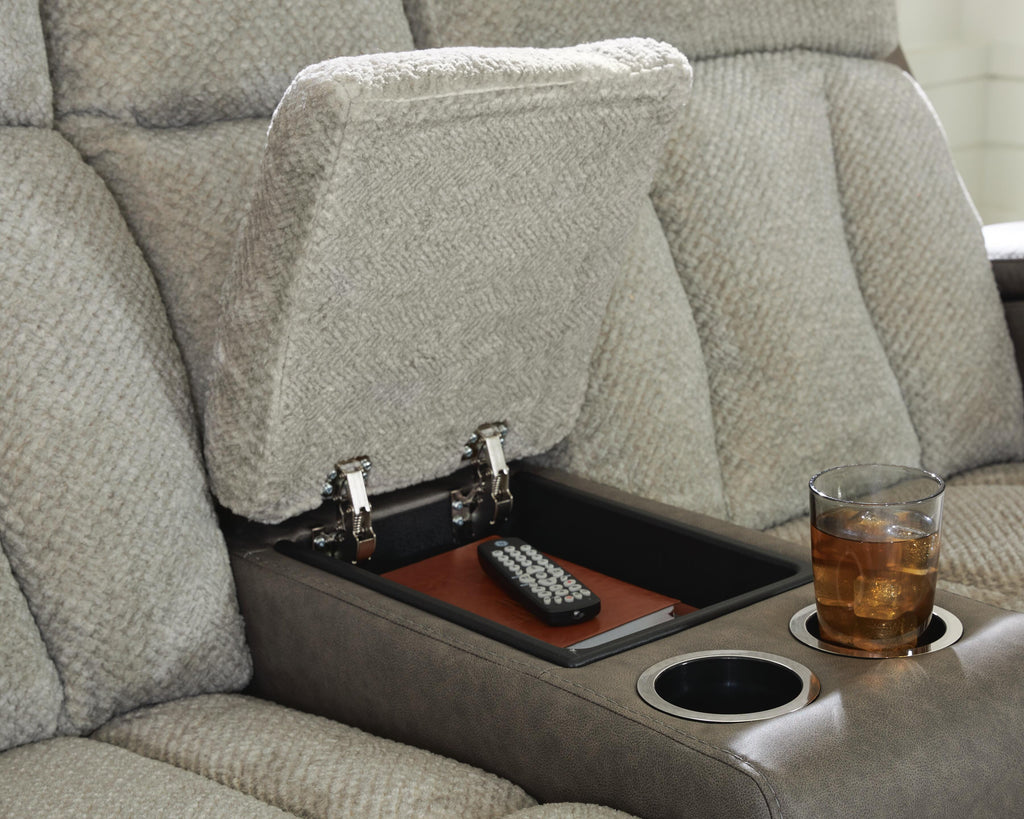 Branthorpe Power Reclining Loveseat with Console in Sisal, detail view