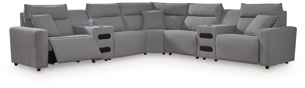 Modmax II sectional, 7-Piece Power Reclining Sectional with Audio Consoles · 144 × 144 × 42 in, view 1