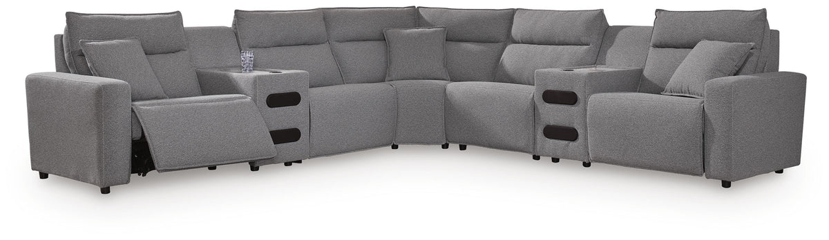 Modmax II sectional, 7-Piece Power Reclining Sectional with Audio Consoles · 144 × 144 × 42 in, view 1