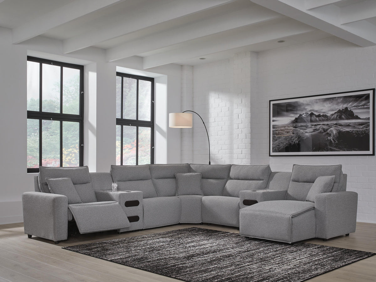 Modmax II sectional, 7-Piece Power Reclining Sectional with Chaise and Audio Consoles · 144 × 144 × 42 in · 65906S7, view 2