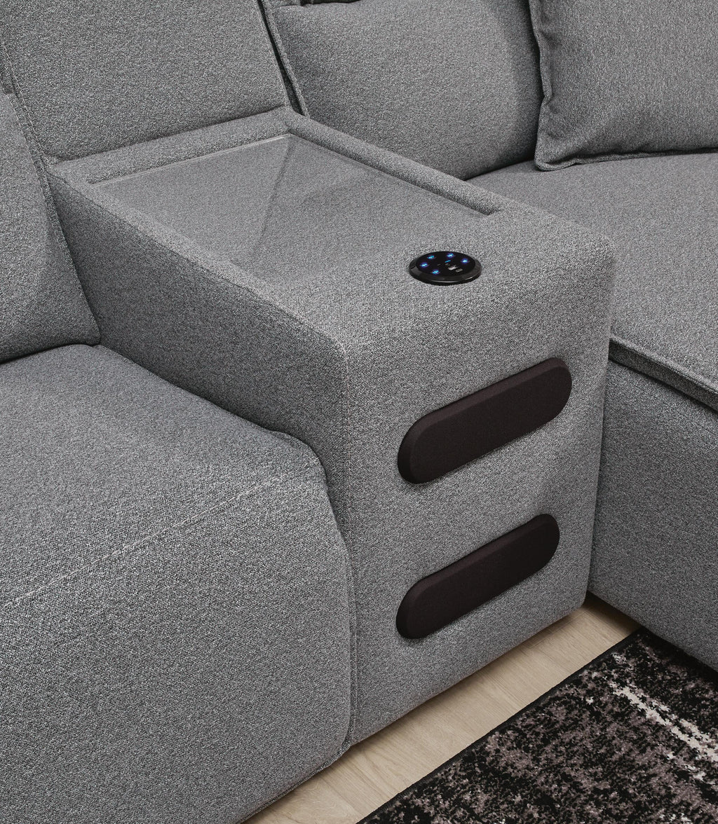 Modmax II sectional, 6-Piece Reclining Sectional with Chaise and Audio Console · 144 × 125 × 42 in, view 4