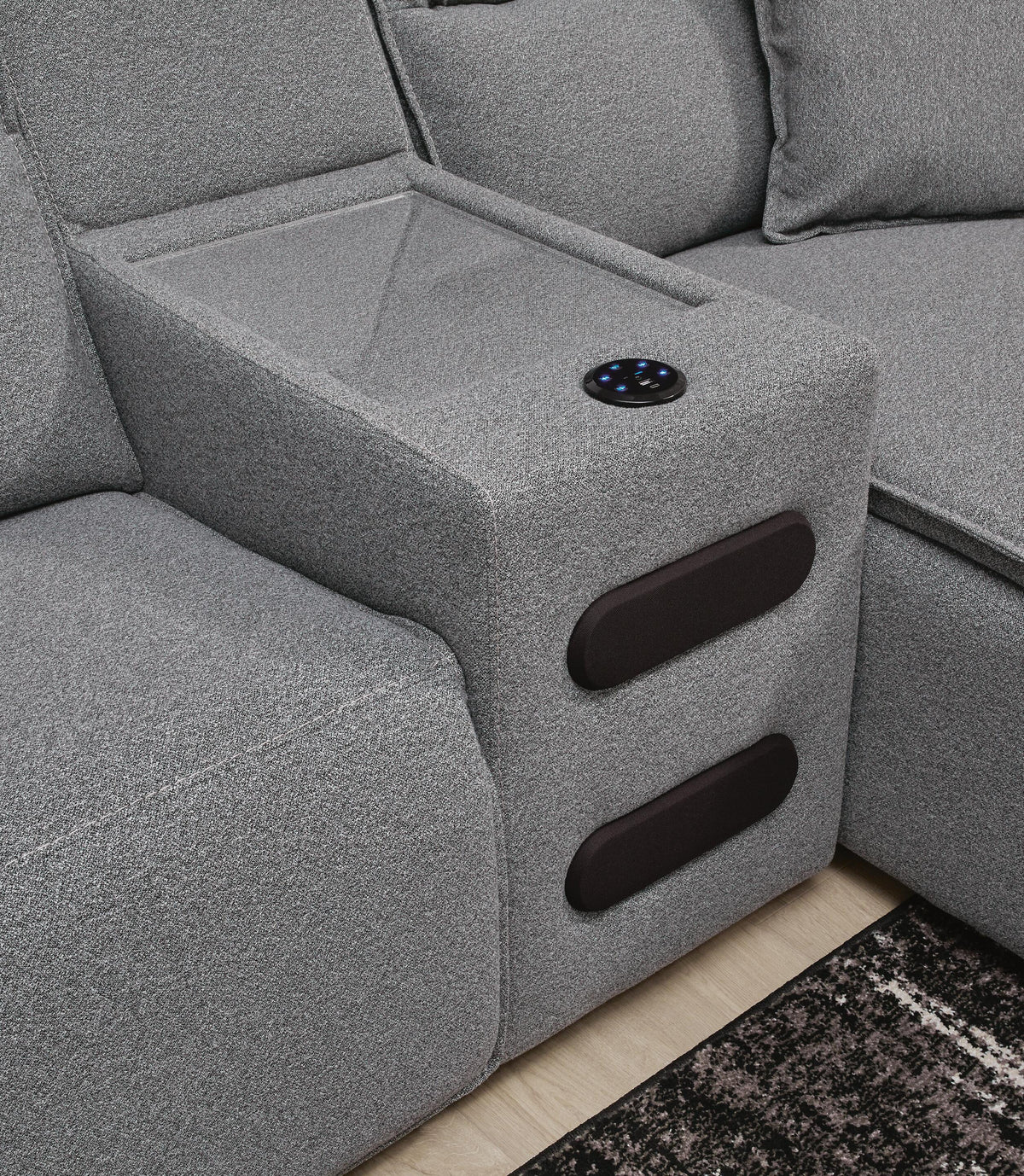 Modmax II sectional, 6-Piece Reclining Sectional with Chaise and Audio Console · 144 × 125 × 42 in, view 4