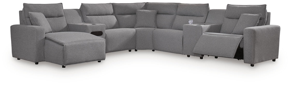 Modmax II sectional, 7-Piece Power Reclining Sectional with Chaise and Audio Console · 144 × 144 × 42 in, view 1