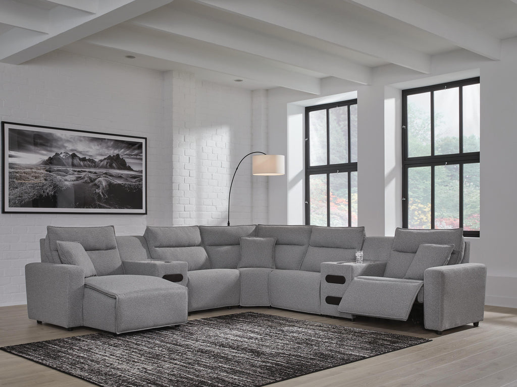 Modmax II sectional, 7-Piece Power Reclining Sectional with Chaise and Audio Consoles · 144 × 144 × 42 in, view 2