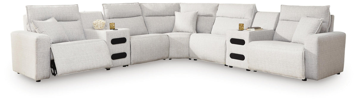 Modmax II sectional, 7-Piece Power Reclining Sectional with Audio Consoles · 144 × 144 × 42 in, view 1