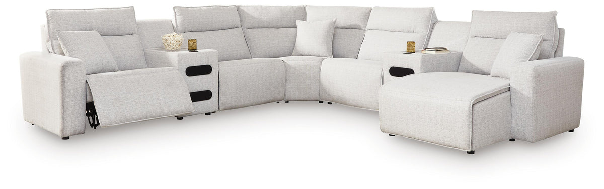 Modmax II sectional, 7-Piece Power Reclining Sectional with Chaise and Audio Consoles · 144 × 144 × 42 in · 65907S7, view 1