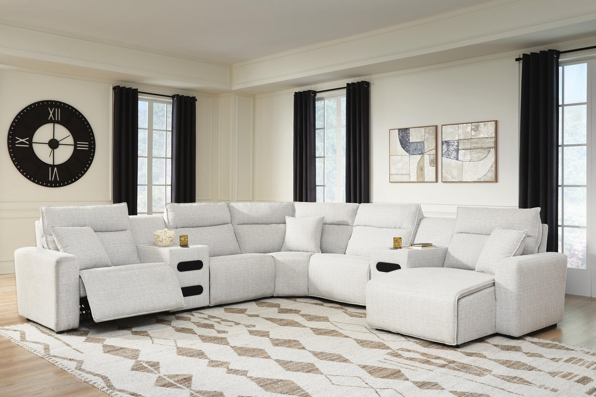 Modmax II sectional, 7-Piece Power Reclining Sectional with Chaise and Audio Consoles · 144 × 144 × 42 in · 65907S7, view 2