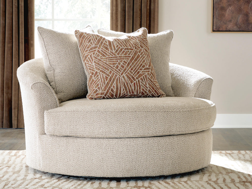 Steelwater Retreat Oversized Swivel Accent Chair in Latte, lifestyle view