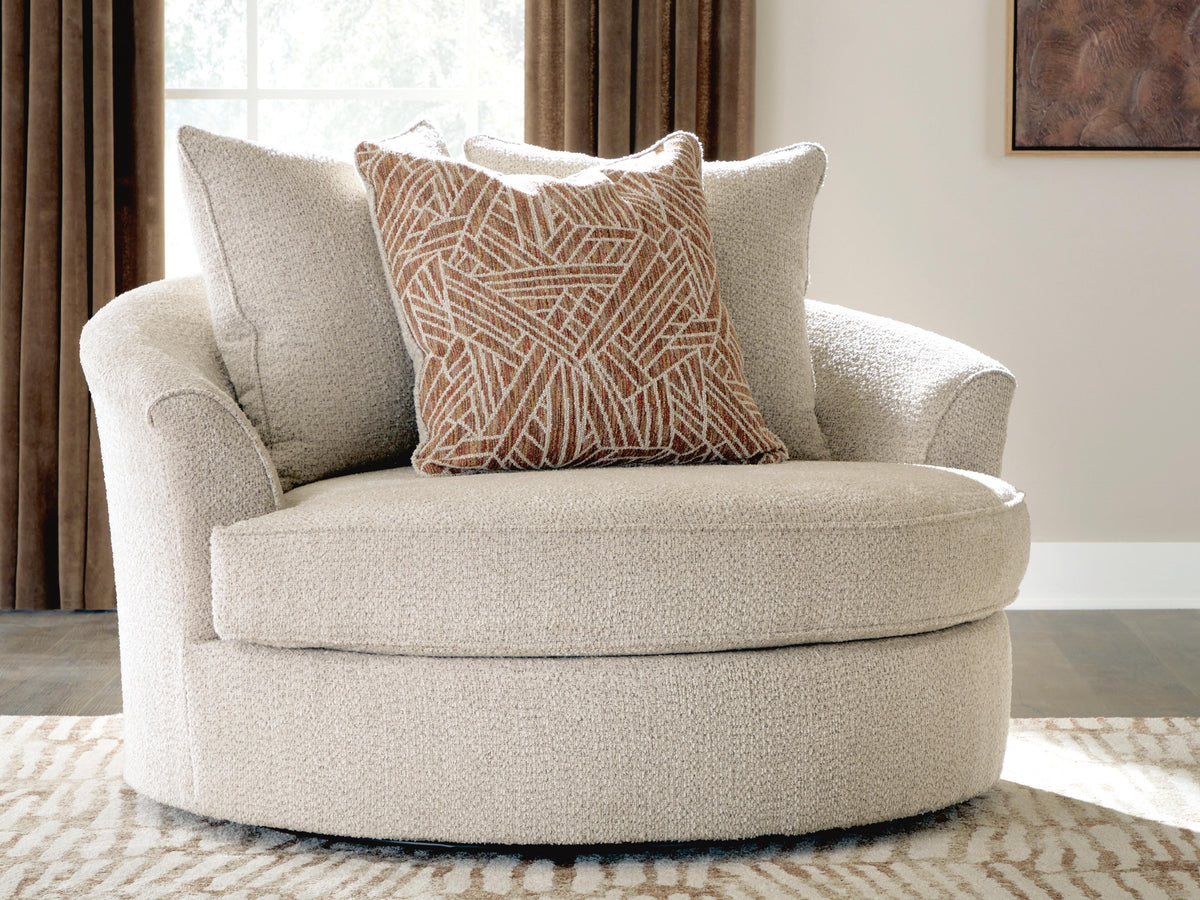 Steelwater Retreat Oversized Swivel Accent Chair in Latte, lifestyle view