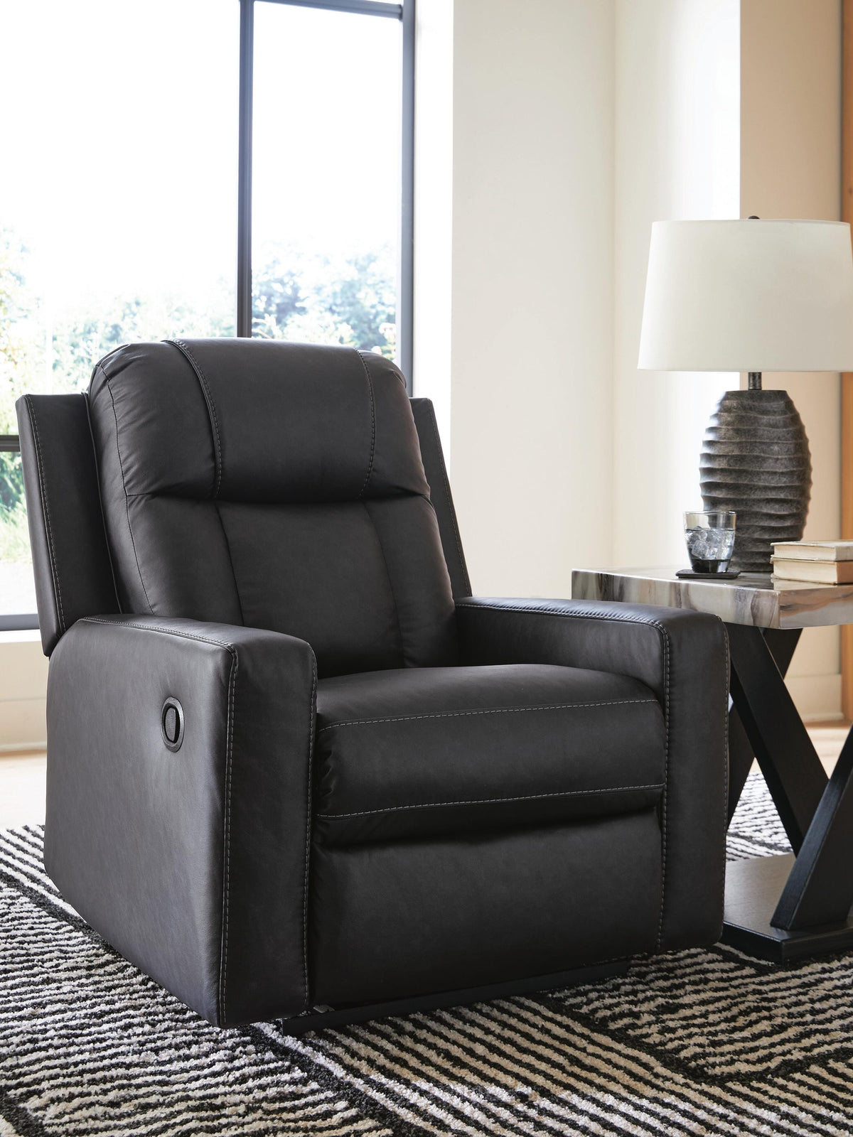Mackmenville Recliner in Carbon, closed view