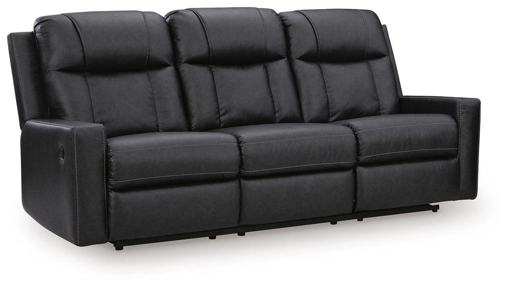 Mackmenville Reclining Sofa in Carbon, closed view