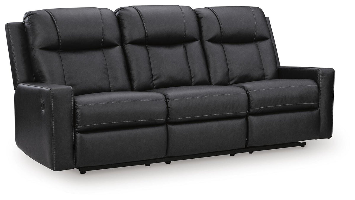 Mackmenville Reclining Sofa in Carbon, closed view