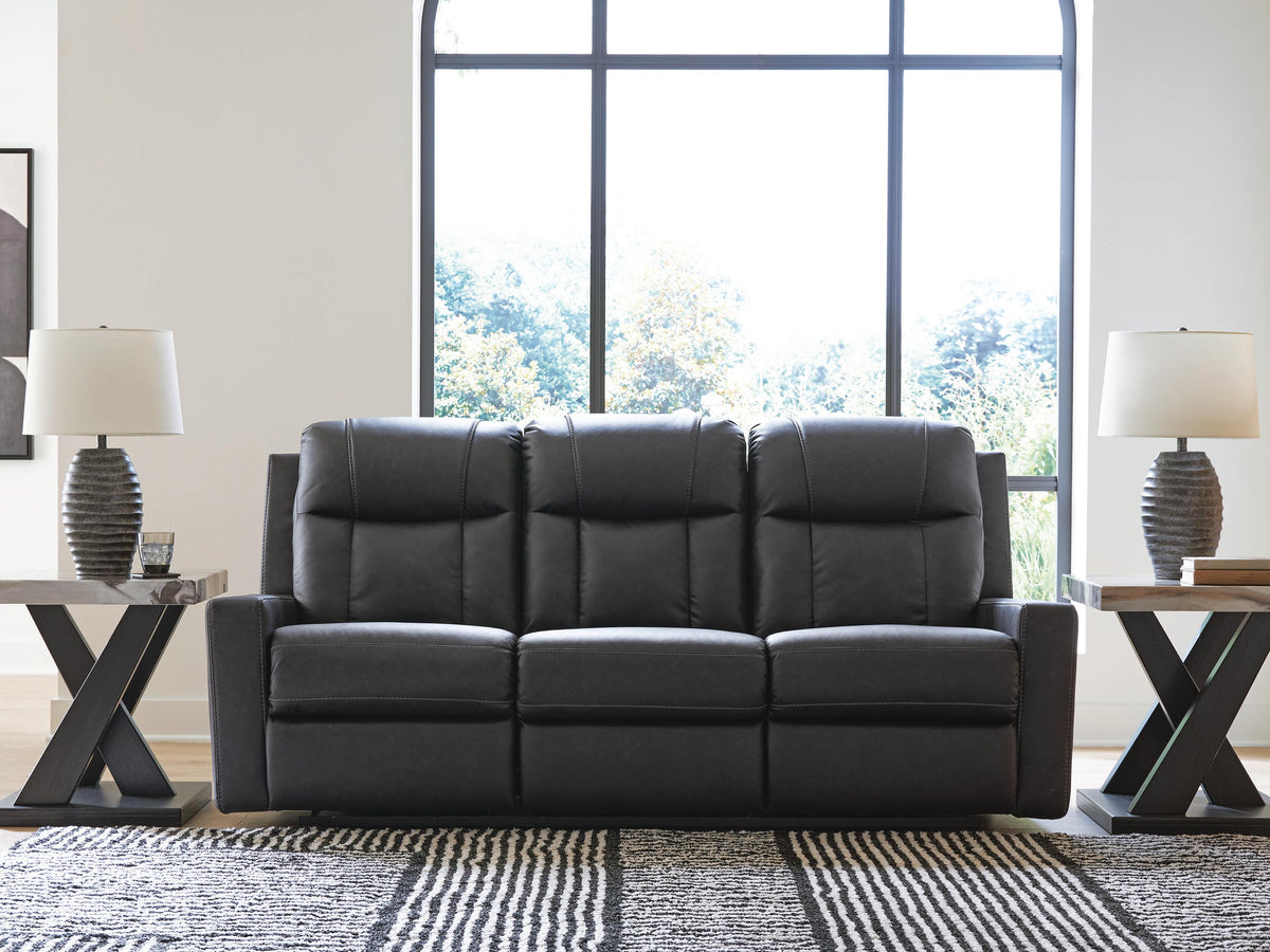 Mackmenville Reclining Sofa in Carbon, closed view