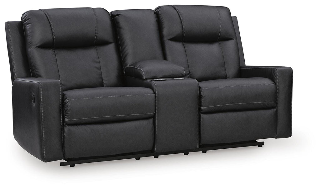 Mackmenville Reclining Loveseat with Console in Carbon, closed view