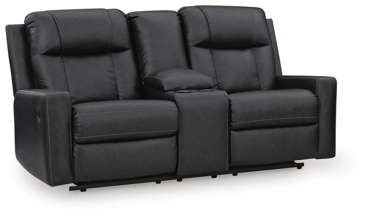 Mackmenville Reclining Loveseat with Console in Carbon, closed view
