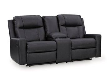 Mackmenville Reclining Loveseat with Console in Carbon, closed view