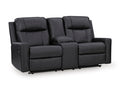 Mackmenville Reclining Loveseat with Console in Carbon, closed view