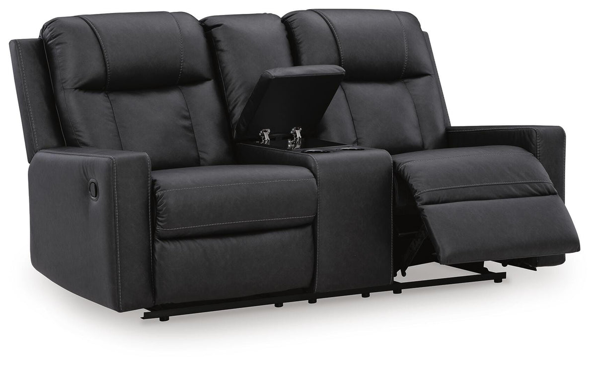 Mackmenville Reclining Loveseat with Console in Carbon, open view