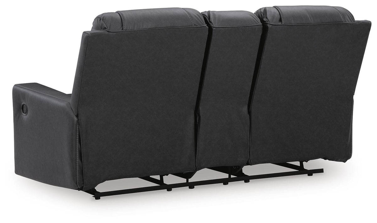 Mackmenville Reclining Loveseat with Console in Carbon, back view