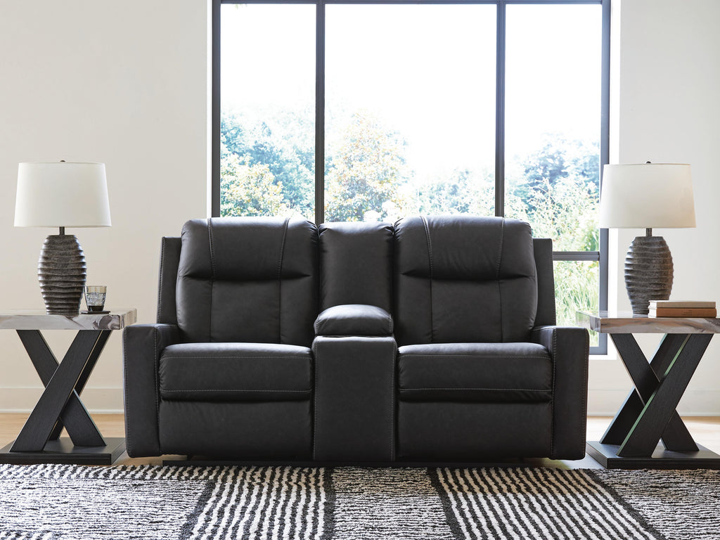 Mackmenville Reclining Loveseat with Console in Carbon, closed view
